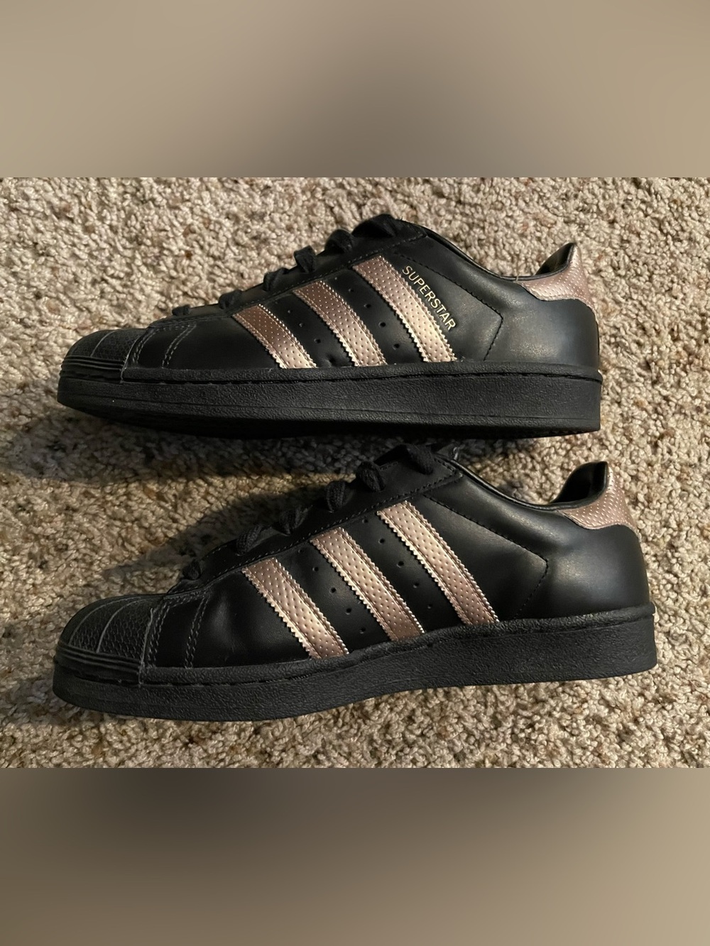 adidas Black Sneakers with Metallic Rose Stripes Superstars